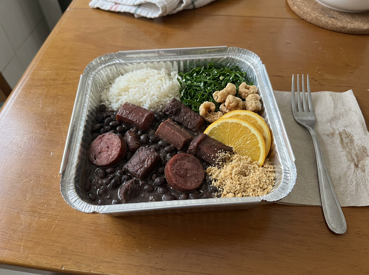 Feijoada completa recebida em casa na marmita